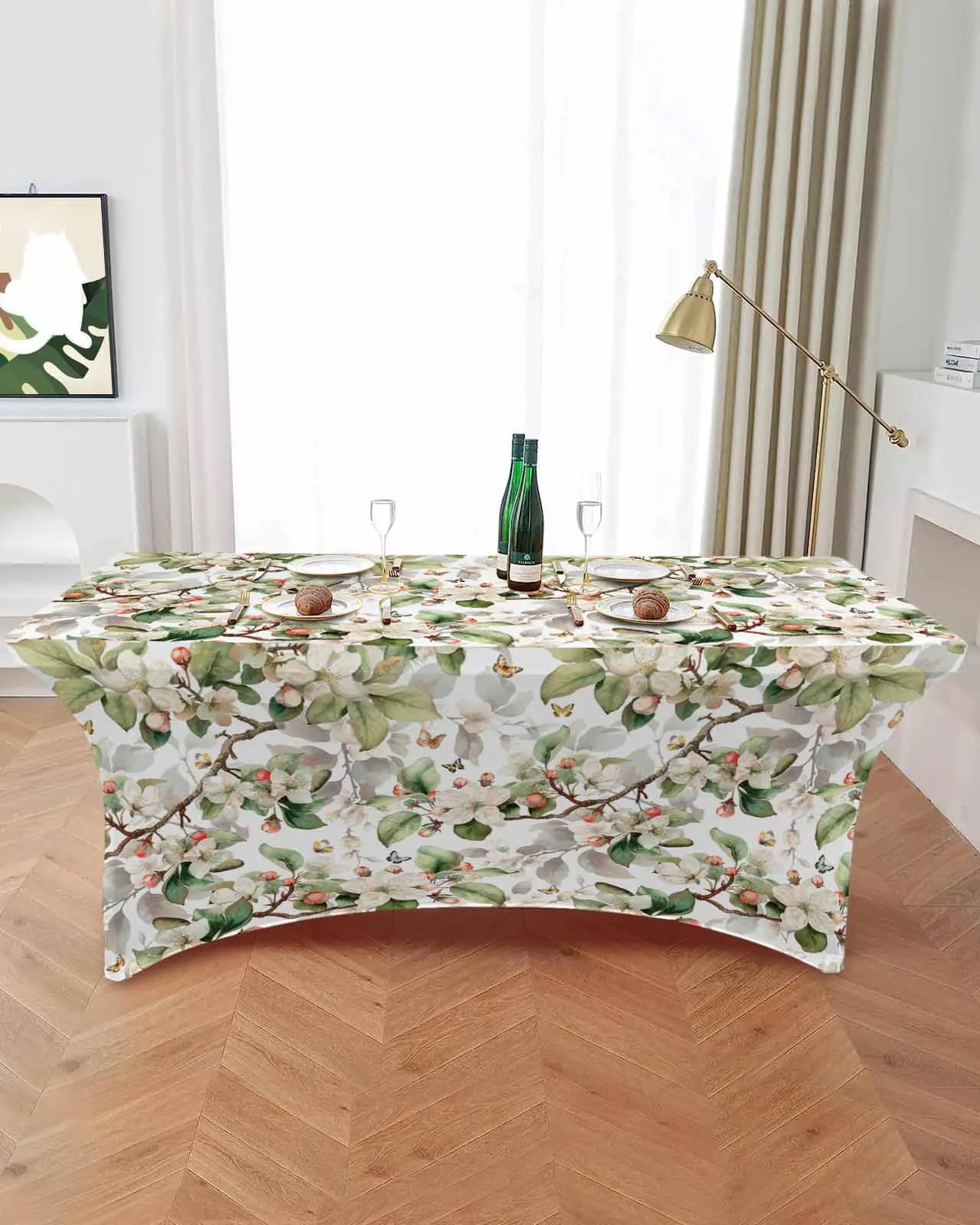 Butterfly Flowers Leaves Fruit Trees High Stretch Tablecloth Wedding Party Decor Elastic Print Table Cover Outdoor Table Cloth