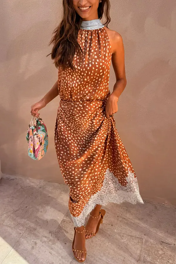 2026 New Elegant Printed Reversible Ribbon Top Lace Insert Skirt Set Women's Sleeveless Dot Two-Piece Outfit Lady Casual Wear