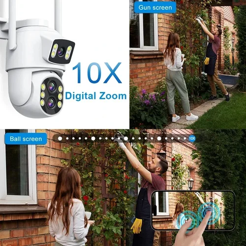 Imagen 2 del producto Cámara exterior de doble lente Wifi de 12MP, Zoom 10X, pantallas duales HD, cámara IP PIZ, visión nocturna, protección de seguridad, aplicación P6Slite