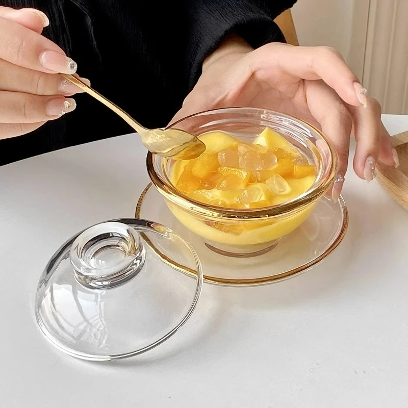 Creative Glass Bowl Simple Glass Bowls With Lid Dessert Bowl Transparent Oatmeal Breakfast Bowls Set With Saucer For Kitchen