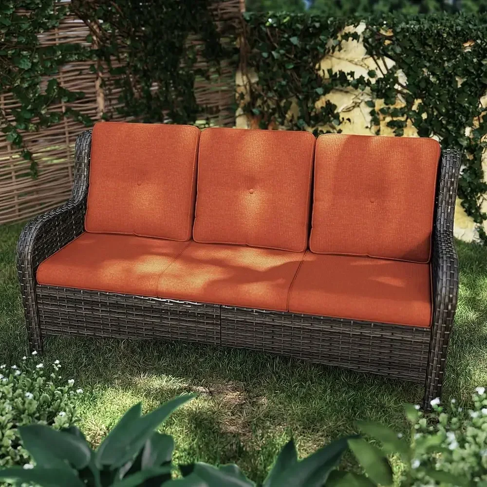 3-Seater Outdoor Patio Couch with Wicker Soa, Deep Seating and Olein Cushions in Mixed Grey/Orange