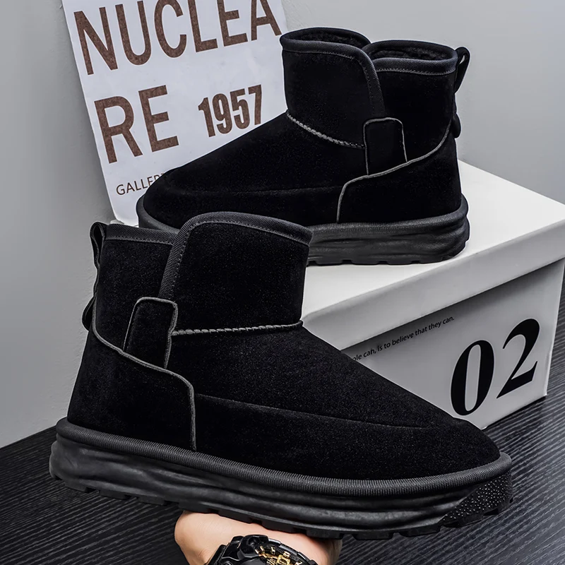 Men Winter Warm Snow Boots Faux Suede Upper Moc Toe Stitching Slip On Ankle Booties Adjustable Strap Thick Fleece Footwear