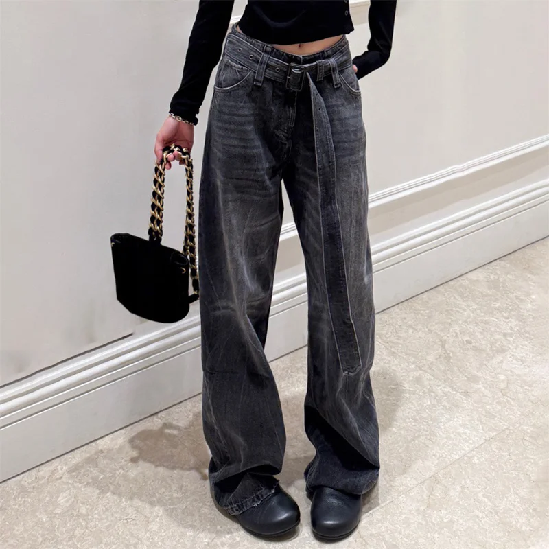 Damenjeans 2026 Frühjahr neue Low-Waist-Slim-Fit-Hose mit geradem Bein Gürteldekoration Baumwolle Hose mit geradem Bein Damenhose