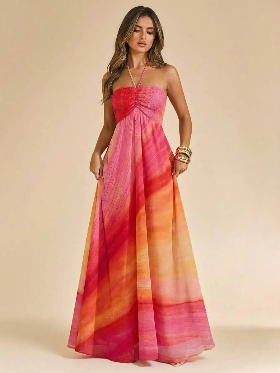 

Orange Pink Tie Dye Chiffon Halter Neck Sleeveless Backless Maxi Dress For Women Summer Beach Vacation