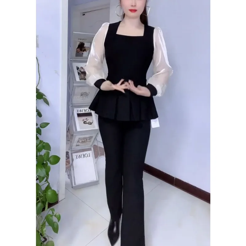 Damska koszulka z długim rękawem 2025 Nowa Moda Uniwersalna Dopasowana Bluzka z Kwadratowym Dekoltem