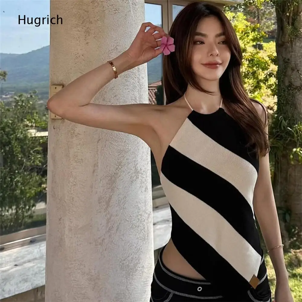 Ladies Sleeveless Y2K Cropped Halter Blouse Black White Knit Diagonal Stripe Self Tie Neck Irregular Asymmetric Point Hem Top