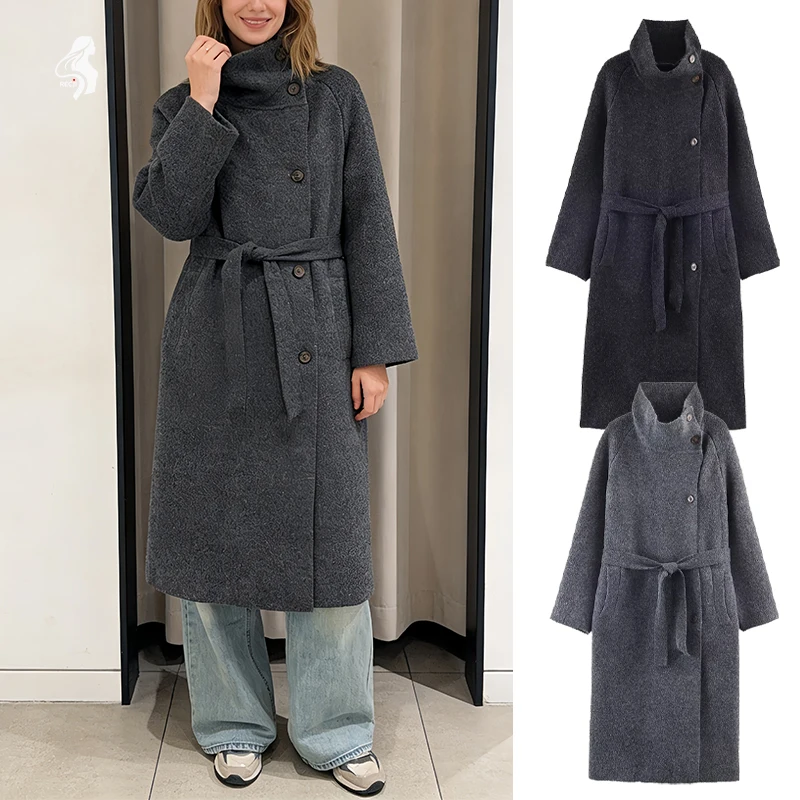 

Womens Long Wool Coat Turtleneck Asymmetrical Front With Belted Waist Simple And Elegant Commuter Jacket Women Winter Coats