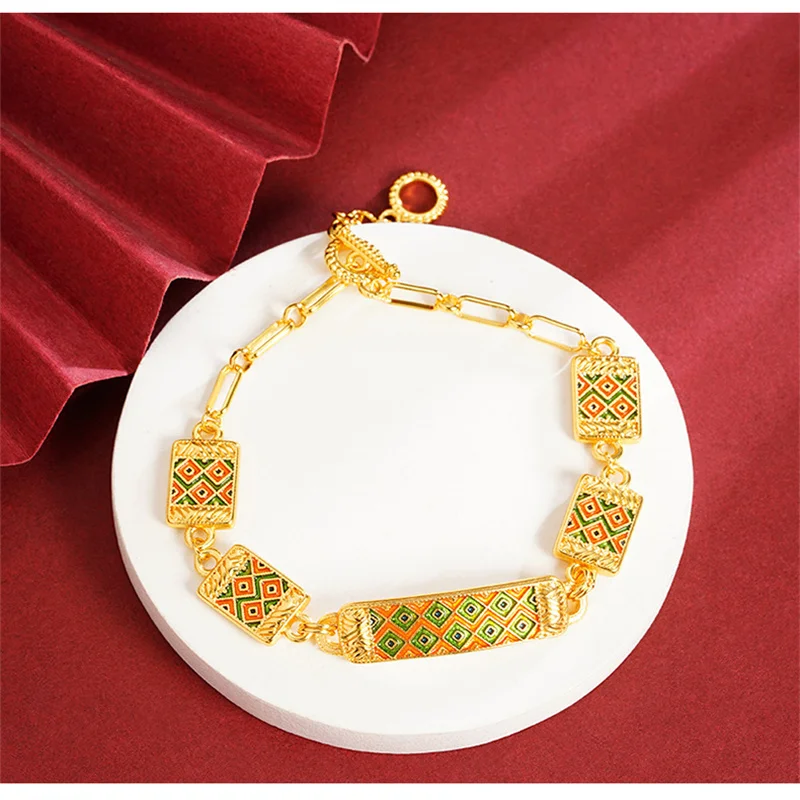 Luxury AU999 24K Solid Gold Enamel Rhombus Charm Lady Bracelet Adjustable Chain Fashion temperament jewelry gifts