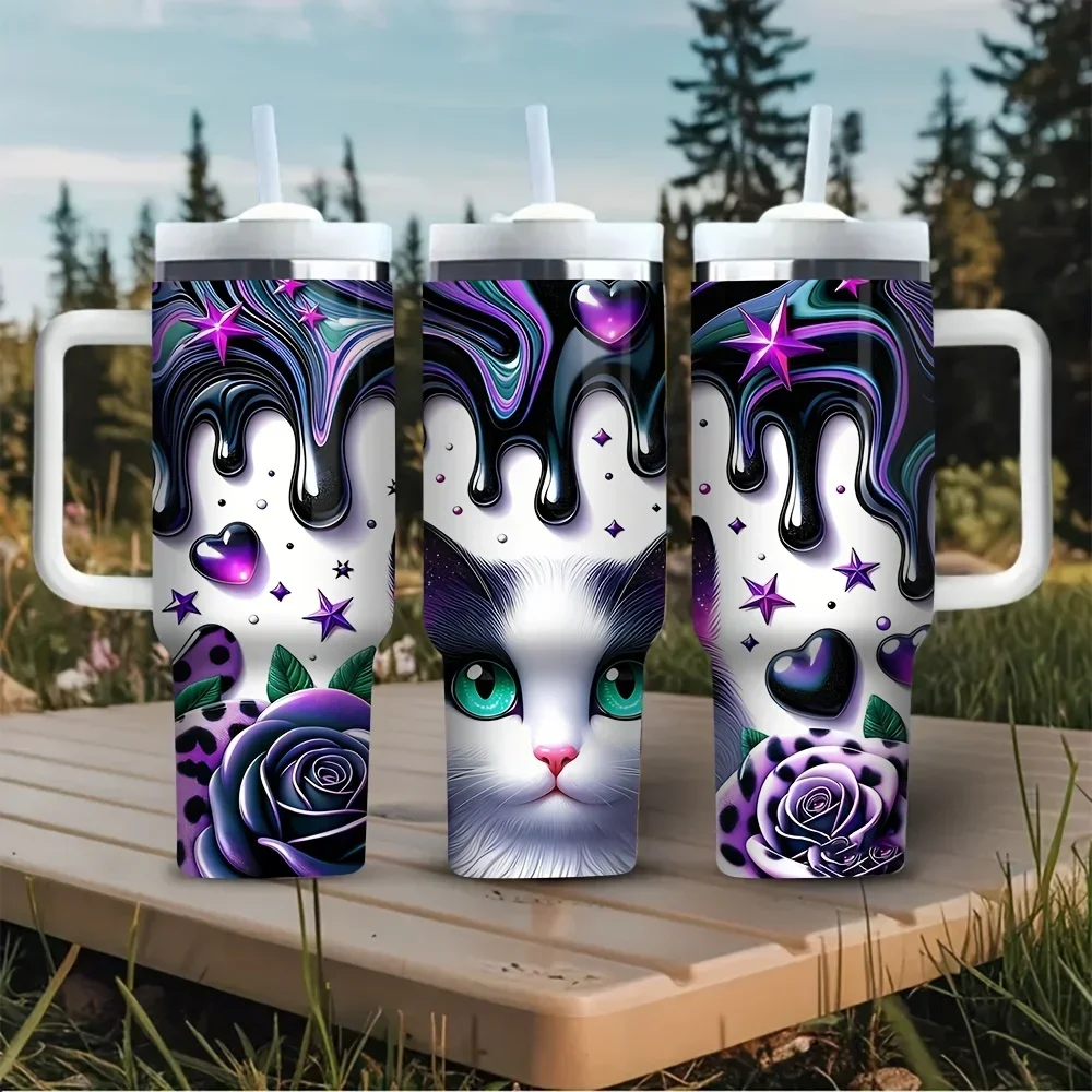 40oz Tumbler with Handle, Features Cool Purple Dripping Cat Rose Print, Suitable for Cat Lovers, Ideal for Outdoor Travel and Daily Use, Great for All Seasons, Fits Both Hot and Cold Drinks