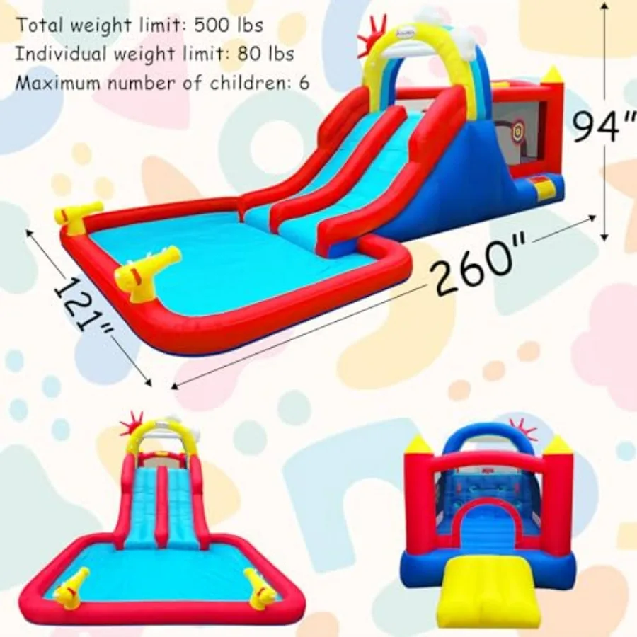 Outdoor inflatable bounce house for kids with water slide, air blower, double slides, trampoline, climbing wall, ball pit and w