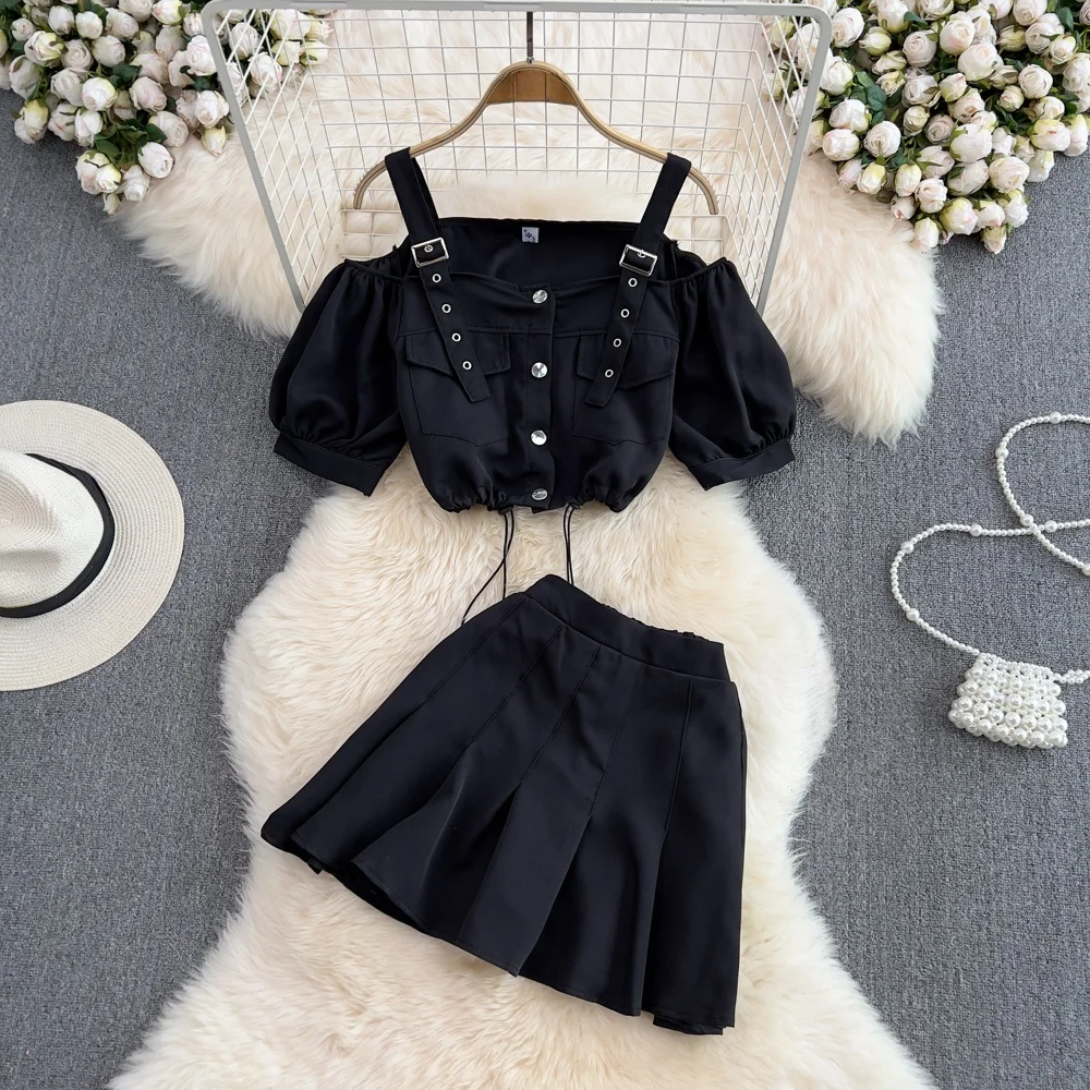 

Faionable Women's Off-oulder Bubble-Sve Crop Top And Pleated Skirt Set High Waist Summer Outfit Polyester Material