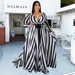 African Chiffon Dresses For Women V-neck Muslim Print Stripe Maxi Clothes Summer Islam Novelty Muslim Fashion Long Sleeve 5XL