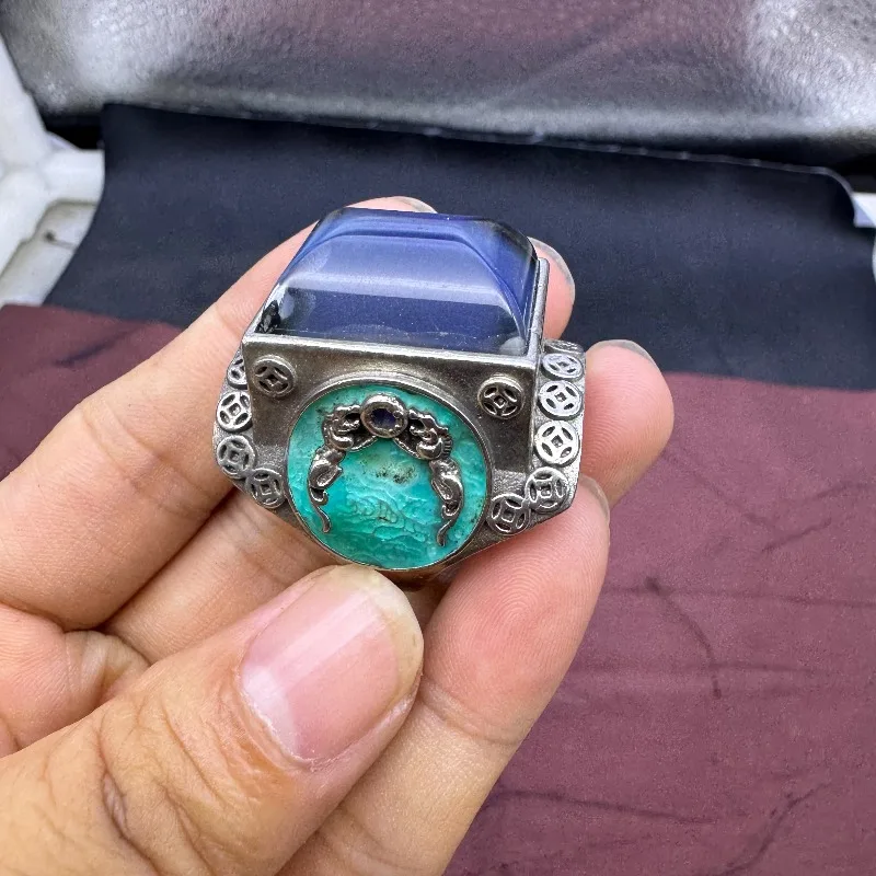 Tibetan style square mood color changing open thumb ring, vintage thermal sensitive stone adjustable unisex fashion finger jewel