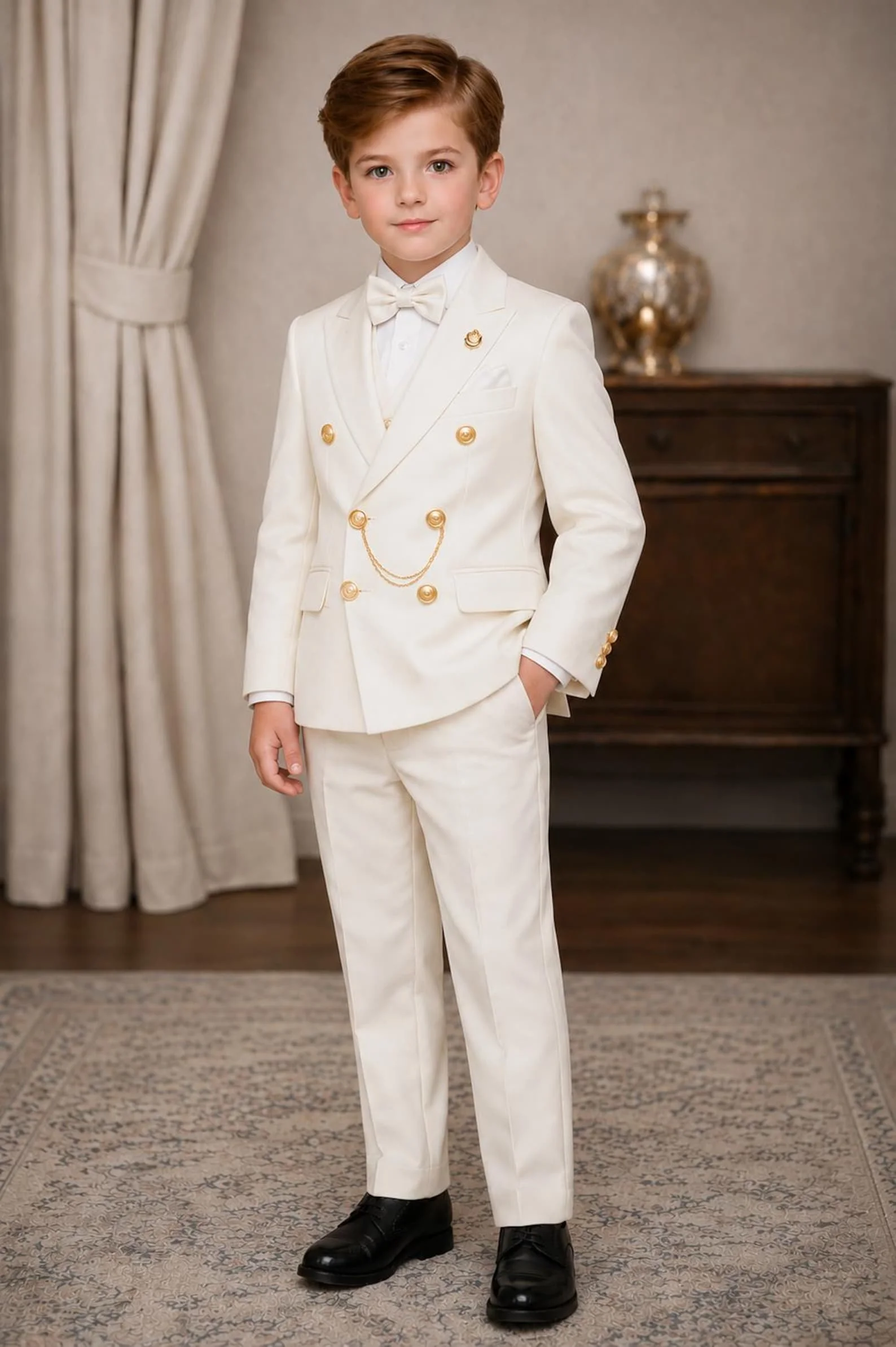 Ivory White Boys Double Breasted Suit 2pcs Custom Set Peak Lapel Jacket Black Pants Gold Button Wedding Ring Bearer Outfit