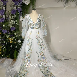 Lucy Floral Fabric Wedding Dress Party Puff Sleeves Luxurious Women's Evening Dresses for Special Occasions Gala Prom Customized