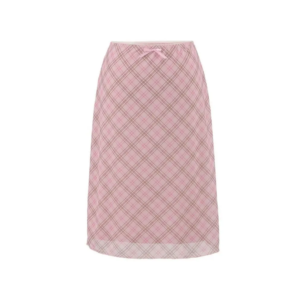 Summer Sweet Mesh Plaid Mini Skirts High Waist Ribbon Bowknot Decor Japanese Style Aesthetic Fashion Casual Ladies Clothing