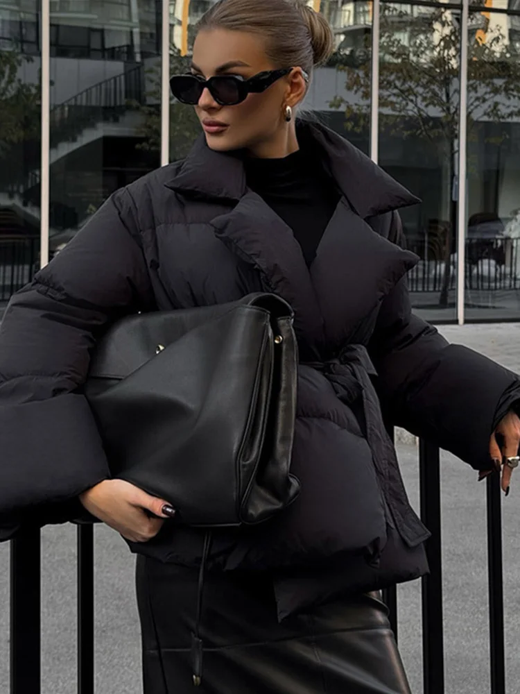 Casacos de algodão elegantes femininos lapela rendas até manga longa com bolso jaquetas curtas 2025 outono inverno engrossar quente senhora outerwears