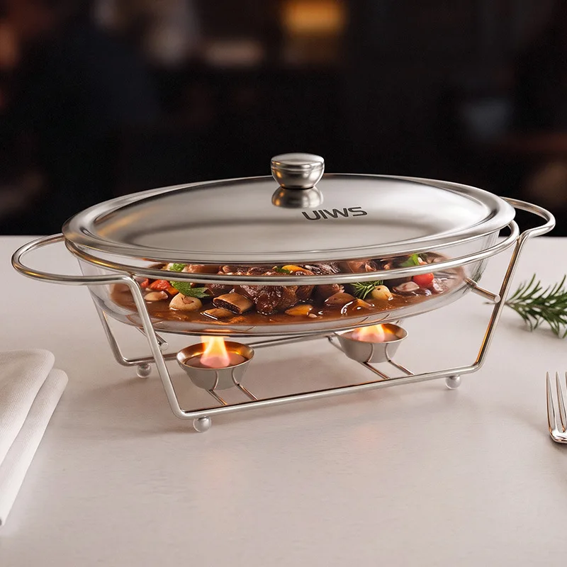 Simple style egg-shaped glass alcohol pot, food heating on the table, dry pot, light luxury wrought iron bracket, buffet stove