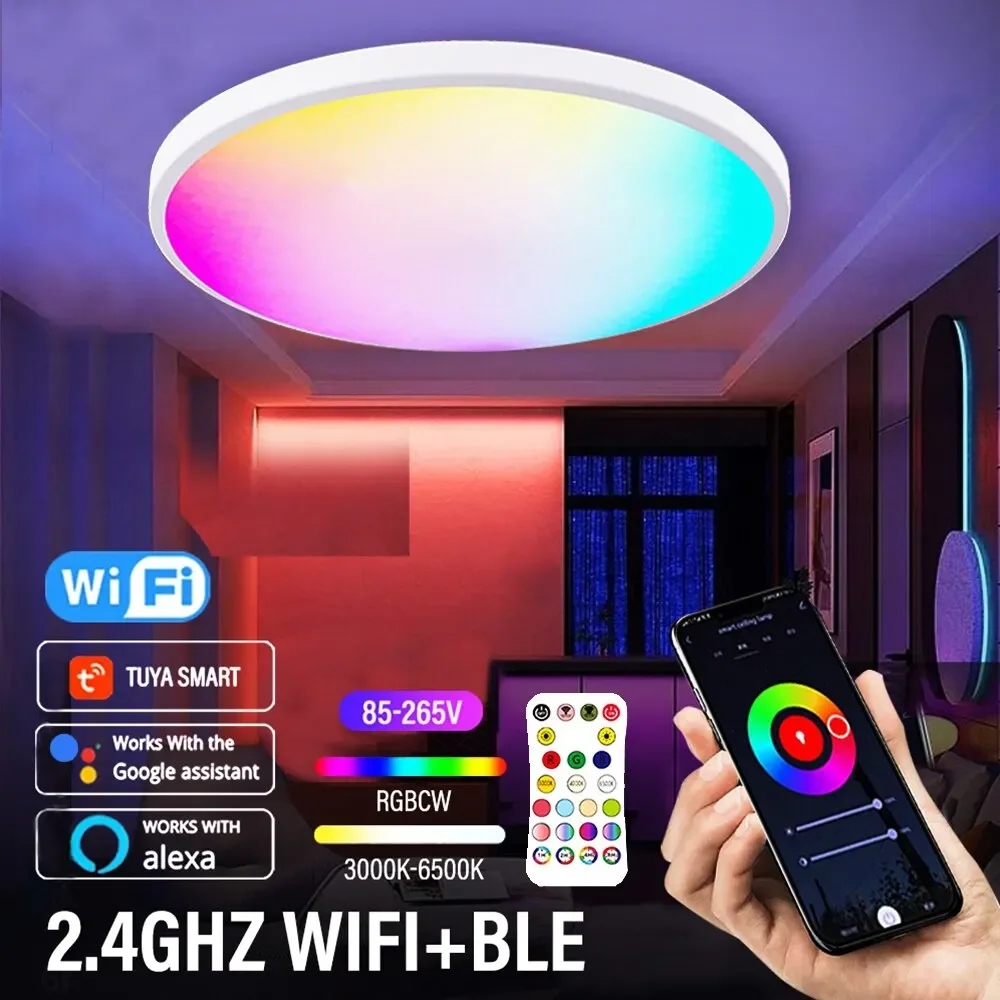 smart wifi led luz de teto redonda luz regulavel compativel com alexa google assistente aplicativo tuya rgbcw 01