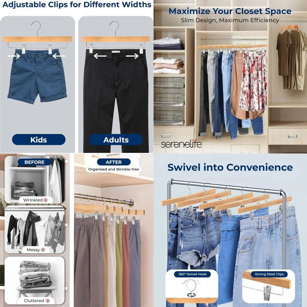 

Компактные деревянные вешалки с регулируемыми зажимами для юбок, брюк, джинсов, шорт и слаксов (натуральное дерево)