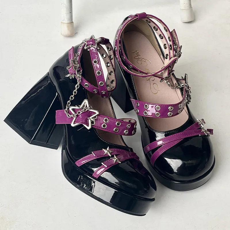 Y2k Mary Jane Shoes Women Star Rivet Ankle Strap Platform Chunky High Heel Pumps Gothic Lolita Patent Leather Ladies Footwear