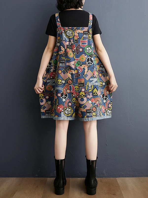 

Летние тонкие джинсовые брюки с принтом, женские повседневные брюки-комбинезоны с широкими штанинами, длиной до колена, для работы и отдыха, в художественном стиле