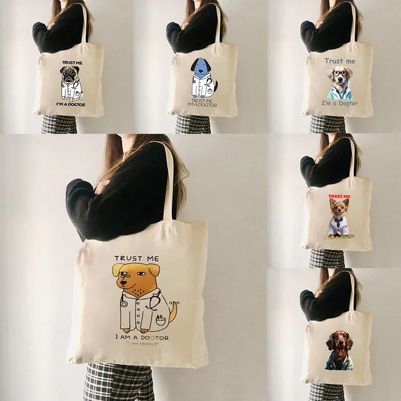 Trust Me I'm A Dogtor Pattern Shopping Bag Funny Gift Idea for Dog Lover Canvas Totes Humor Dog Doctor Shoulder Bag Handbag