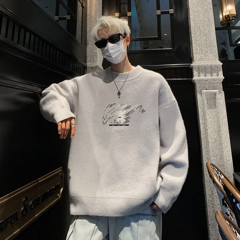 เสื้อสเวตเตอร์ผู้ชายไซส์ใหญ่ สไตล์ลำลอง ลายพิมพ์แฟชั่น สำหรับฤดูใบไม้ร่วง สีขาว ถักนิตติ้ง ไซส์ 5XL เสื้อผ้าผู้ชาย