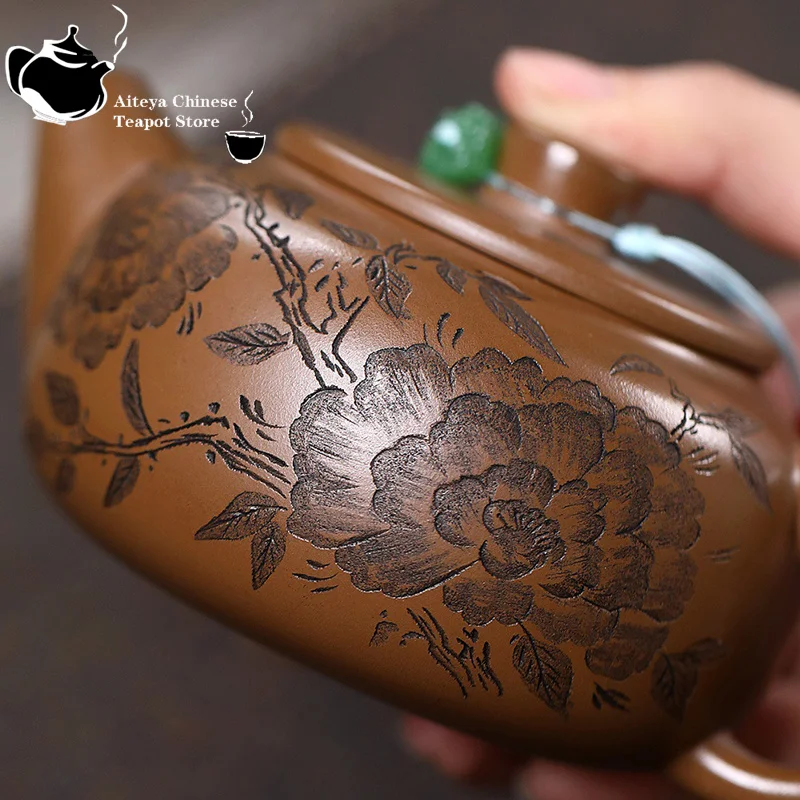 Yixing purple clay teapot, original ore, red gold, red mud, peony, jade plate, teapot, kung fu tea set