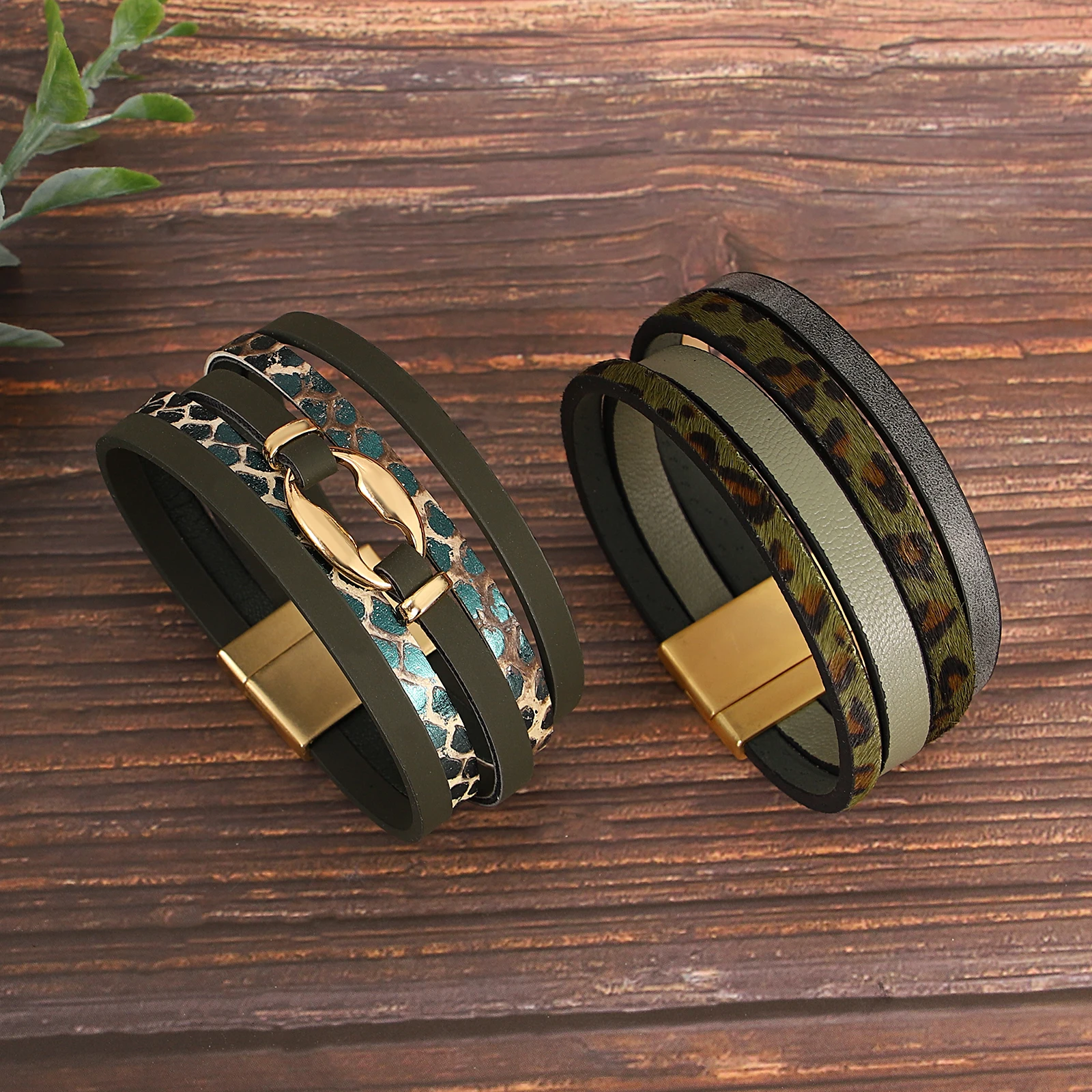 

Amorcome Retro Leopard Print Multilayer Leather Bracelet for Women Irregular Metal Buckle Stackable Wide Bangle Jewelry Gift