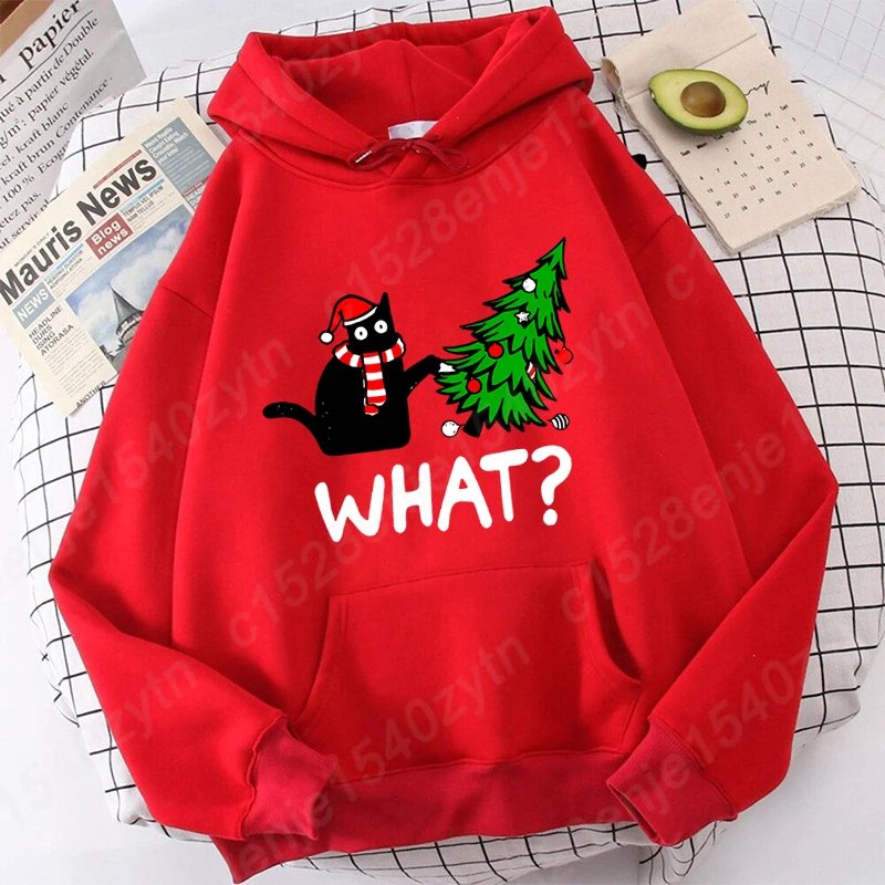 Pull à capuche à manches longues pour femme, chat noir de Noël, sweats à capuche graphiques d'arbre de Noël, pull à capuche doux, PVD, décontracté, automne