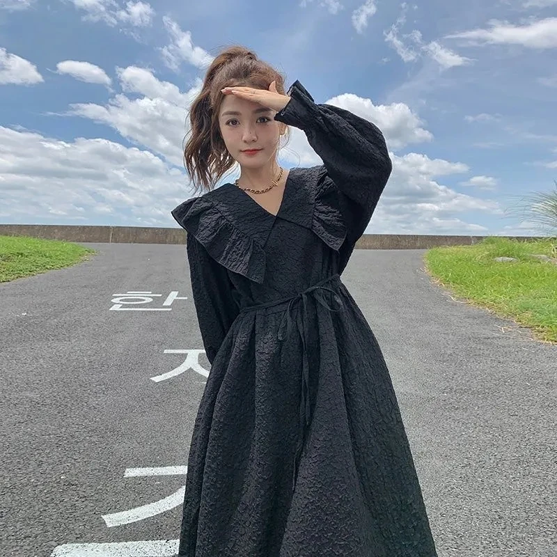 

Плюс размер 5XL 140 кг Женское осеннее платье макси Питер Пэн с воротником с высокой талией и длинным рукавом Однотонные повседневные свободные женские платья