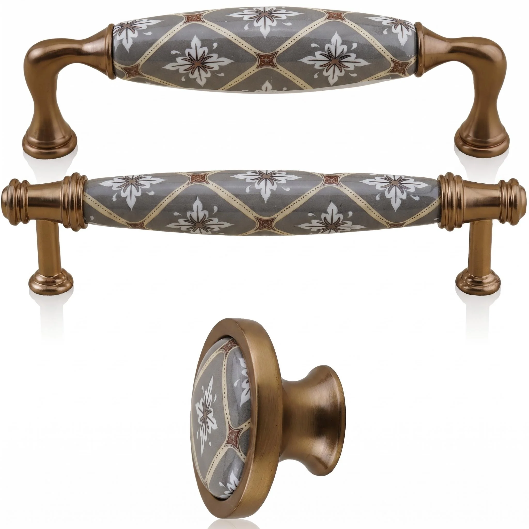 Bohemian Style Ceramic Cabinet Pulls, Vintage Brass Base Drawer Knobs for Wardrobe Cupboard Dresser Home Decoration