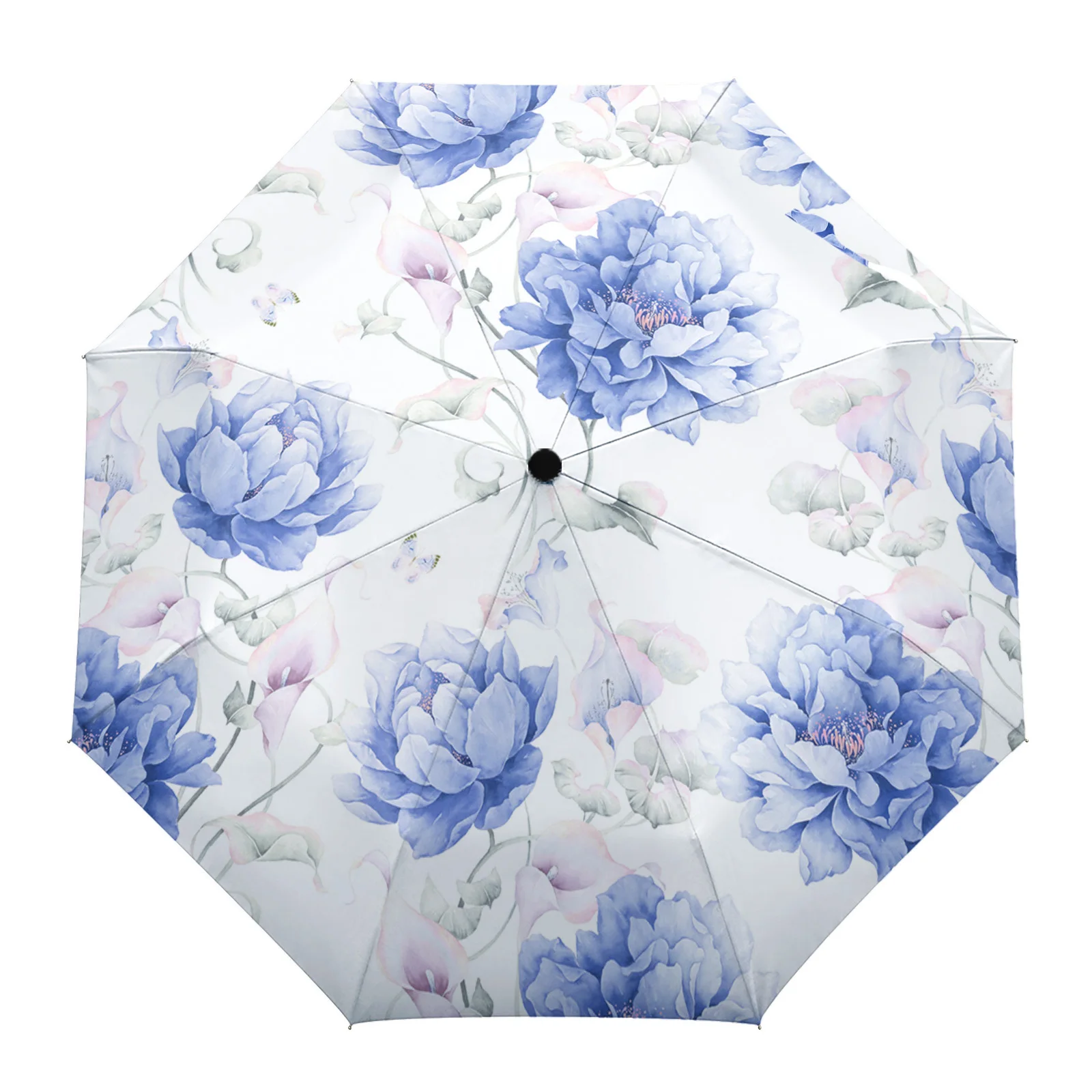 Summer Watercolor Flowers Non Automatic Rain Umbrella Outdoor Foldable Sun Umbrella for Women Makes Three Fold Umbrella