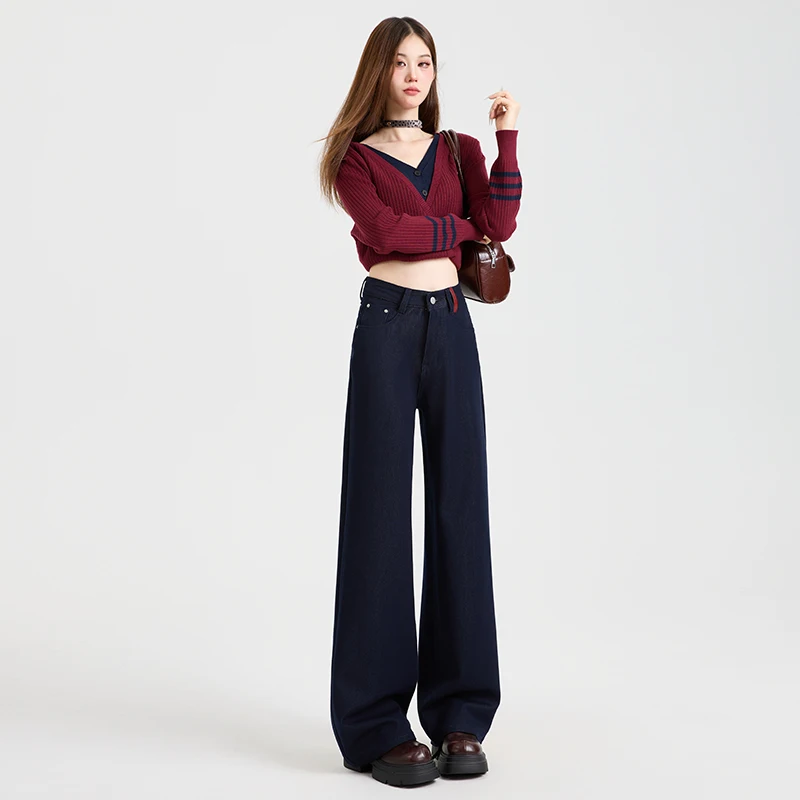 High waisted wide leg jeans for women, 2025 new spring and autumn style straight tube loose fit small and narrow version floor p