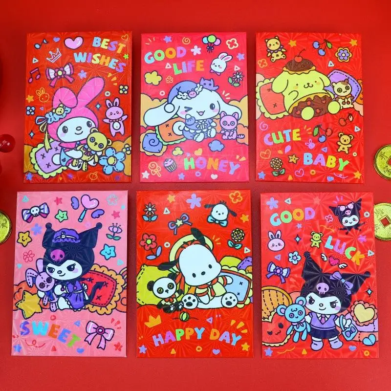 6PCSKawaii Sanrioed Kuromi Melody Cinnamoroll Cute Cartoon New Year Red Envelope New Year's Money Anime Peripheral Festival Gift