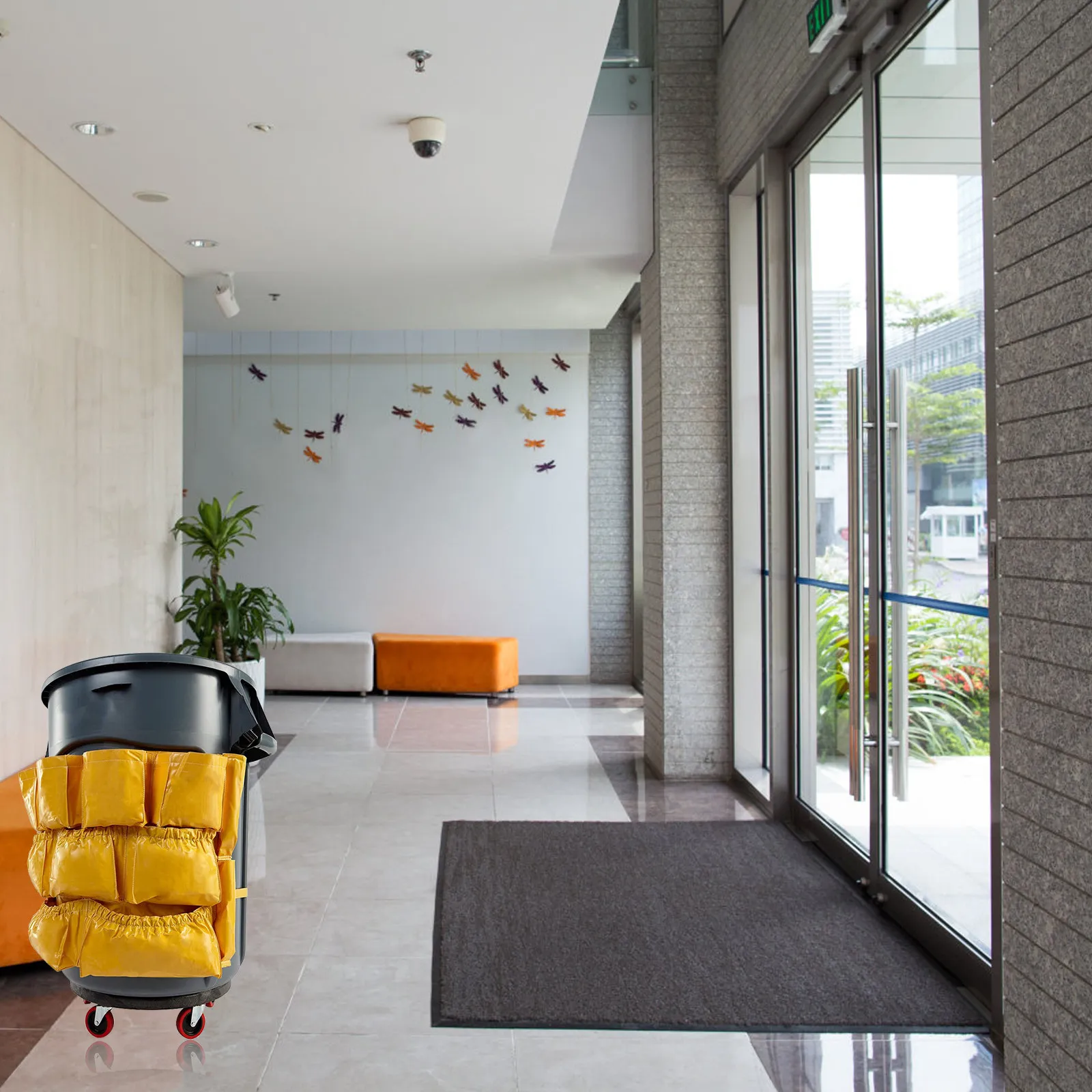 

Heavy Duty Vinyl Trash Can Bag with Multiple Pockets for Cleaning Tools Storage Fit Large Round Square Garbage Bins Organizer