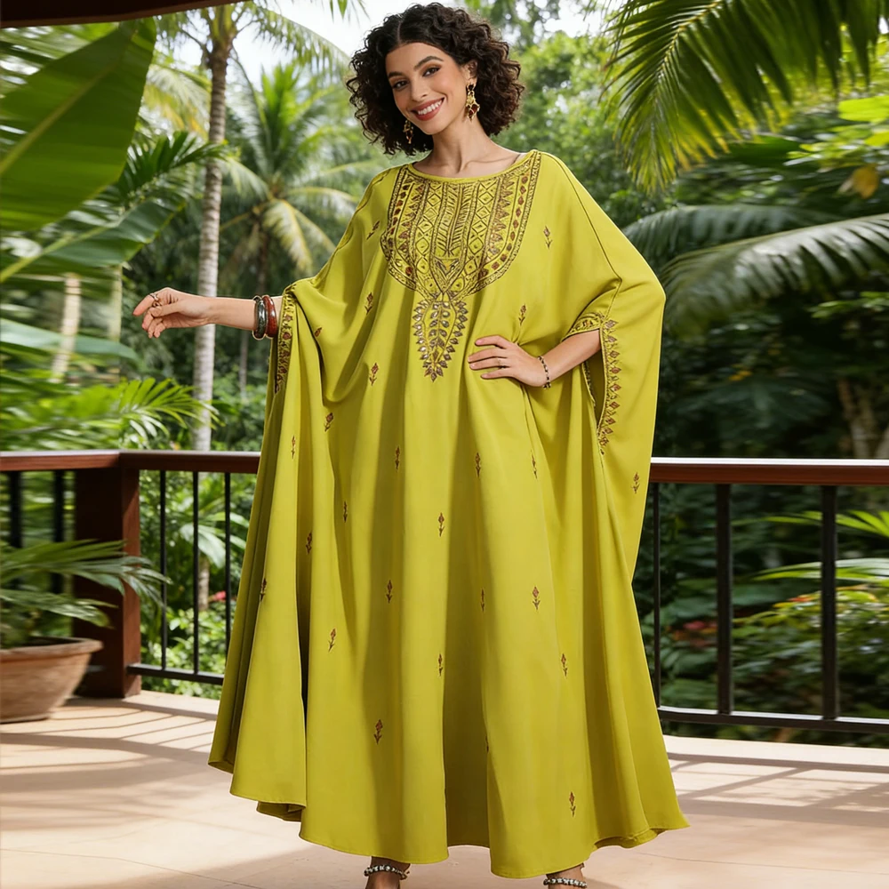 

Eid Djellaba Embroidery Abayas for Women Batwing Sleeve Muslim Dress Dubai Abayo Femme Musulmane Robe Islam Jalabiya Caftan Gown
