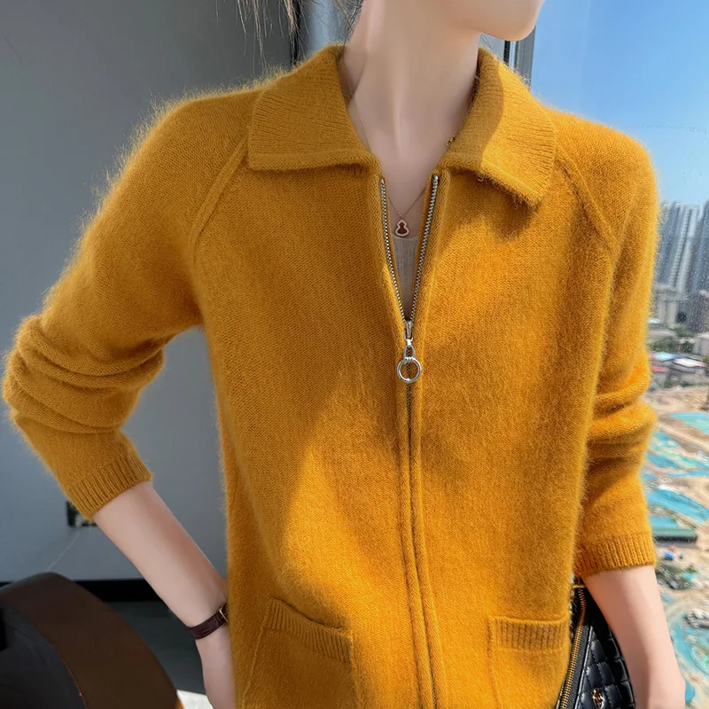 

Turn-Down Collar 100% Mink Cashmere Elastic Cardigan Sweater Women Long Sleeve Knitwear Basic Zippered Clothing Tops