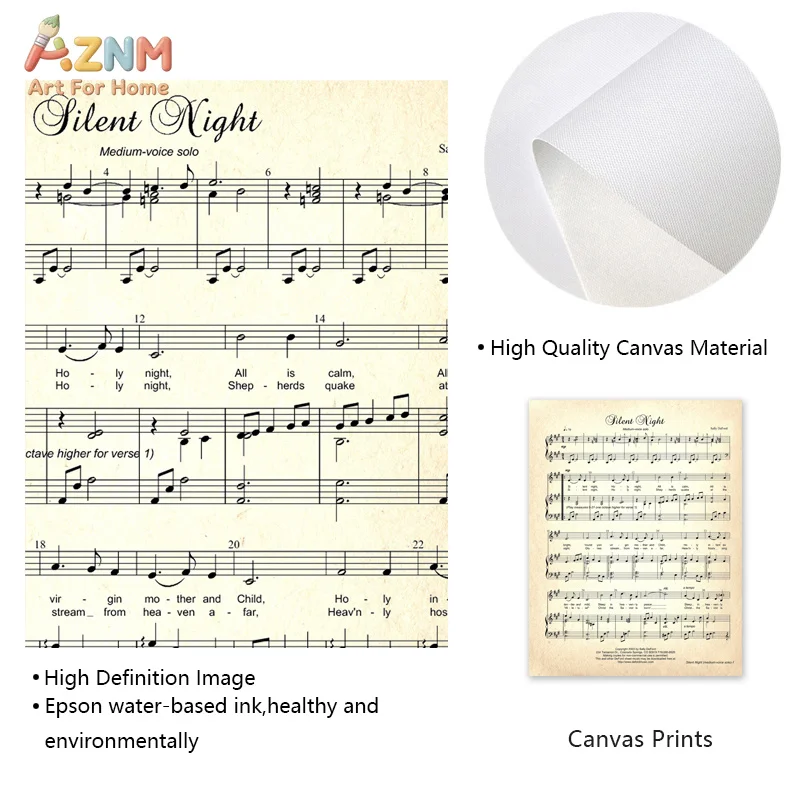 AZNM Unframed Canvas Print Vintage Christmas Sheet Music Wall Art Carol Song Lyric Home Decor Poster