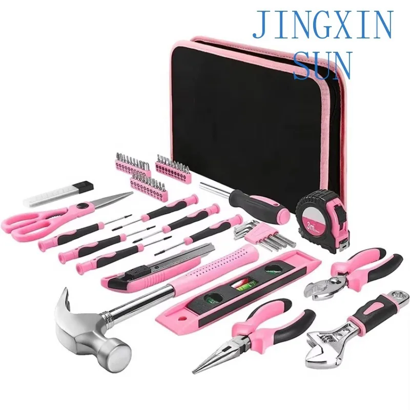 Portable 110-Piece Customizable Home DIY Kit Polished Pink Carbon Steel Screwdriver & Digging Tool with Ladies Toolbox