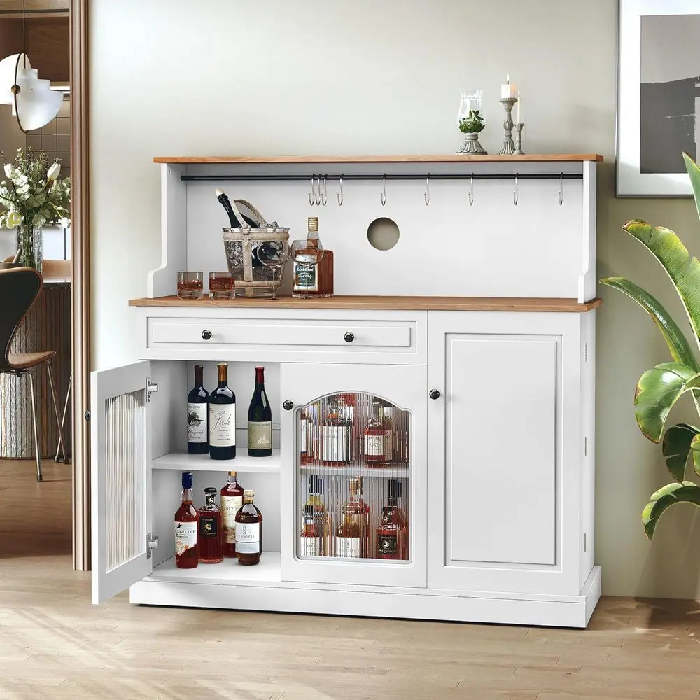 

Современный белый кофейный шкаф-буфет 48 дюймов с верхней полкой, откидными дверцами, стеклянными дверцами и регулируемыми полками для гостиной/столовой