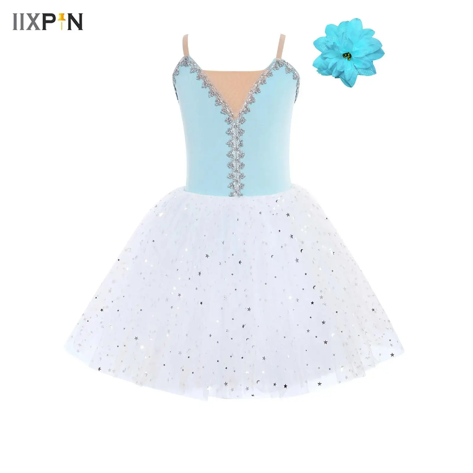 

Kids Girls Ballet Tutu Dress Sleeveless Adjustable Straps Velvet Bodice Sequined Dress+Headwear Stage Dance Performance Costume