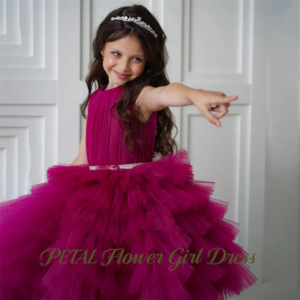 Petal Fuchsia Princess Girls Dress Round Neck First Communion Gown Sleeveless Modern Children Birthday Wedding Dress Customized