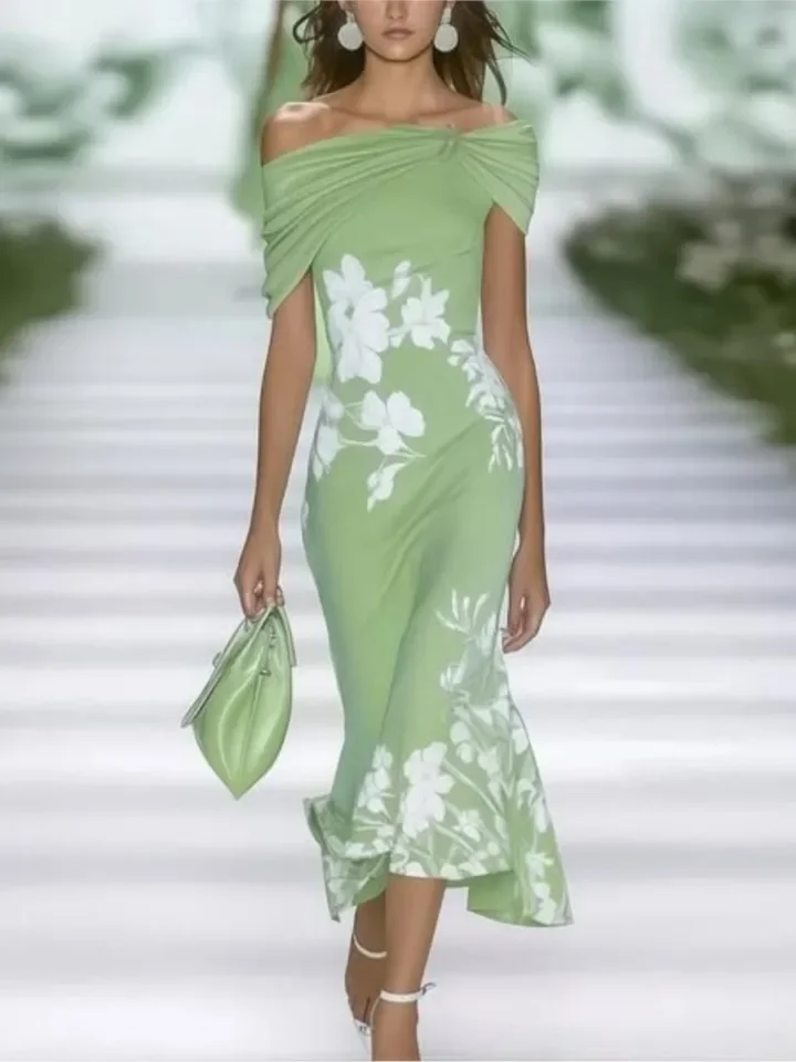 ชุดเดรสลายดอกไม้สุดหรู สไตล์แฟชั่นผู้หญิง เซ็กซี่ เปิดไหล่ แขนสั้น ชุดเดรสสำหรับผู้หญิง ใส่ไปงานปาร์ตี้วันหยุด กระโปรง เสื้อผ้า