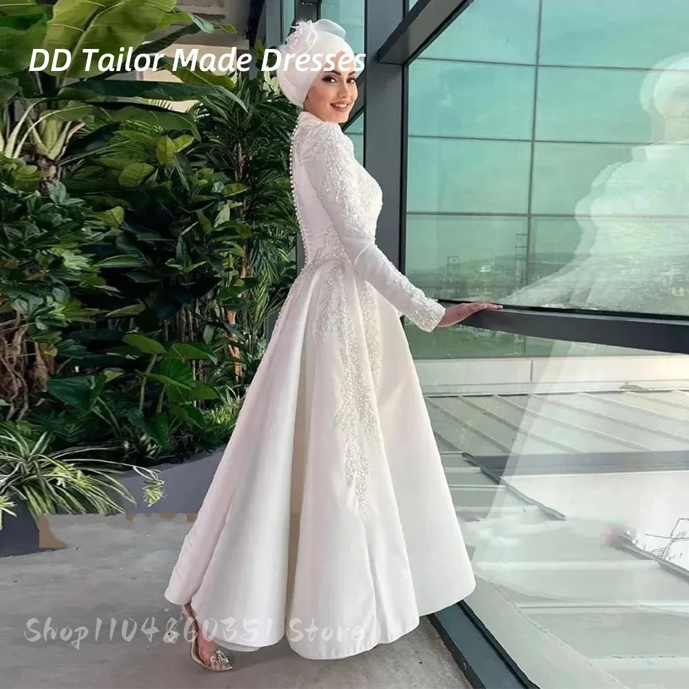 

Elegant Muslim Wedding Dress Beaded Appliques Long Sleeves A-Line White Satin Bridal Gowns Customized Reception Prom Dresses
