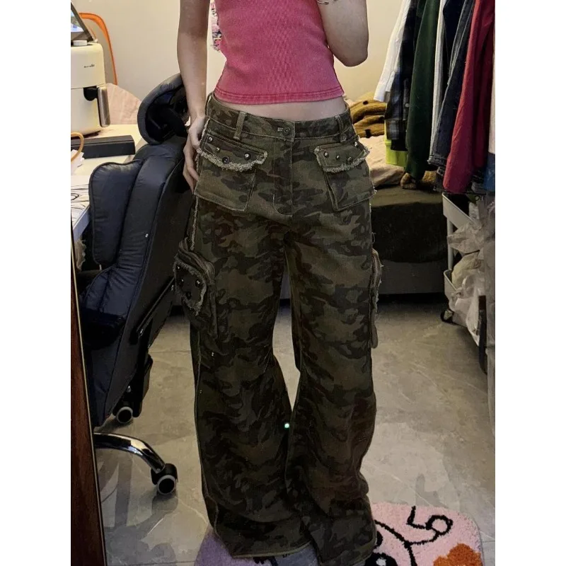 

2026 Summer New Trendy Long Pants High Waist Wide Leg Loose Slimming Camouflage Workwear Jeans Women's Spicy Street Style Y2K