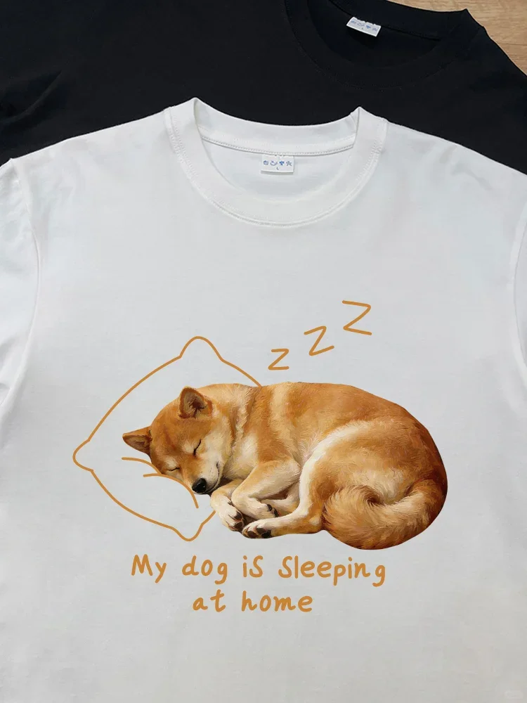 Large Size Pure Cotton Short Sleeve T-Shirt Dog Sleeping at Home Cute Pet Printed Breathable Casual Comfortable Unisex Top
