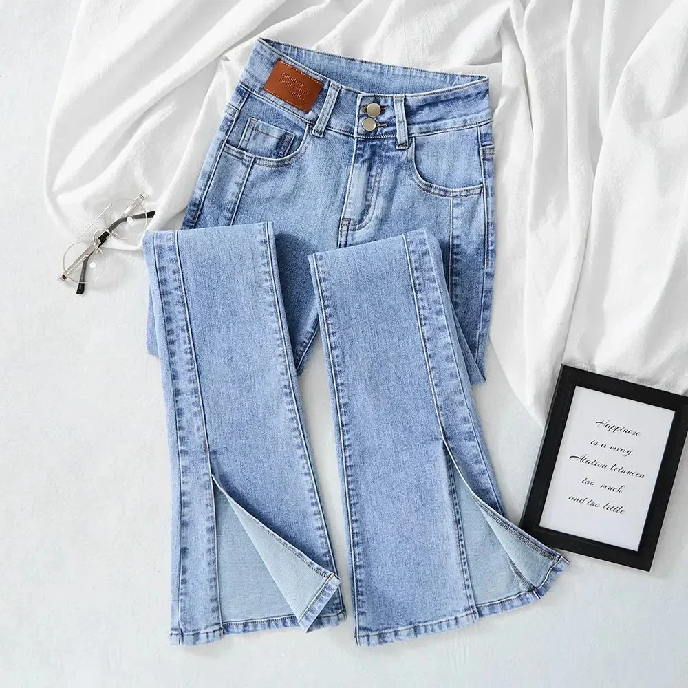 

Wide-legged Stretch Jeans Women Summer Fashion All-match Self-cultivation Trousers Large Size High Waist Slit Mopping Pants Z341