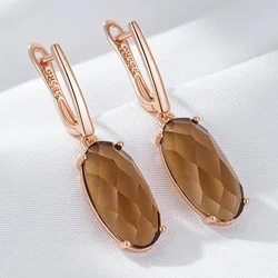 Wbmqda Cubic Oval Brown Stone Drop Earrings For Women 585 Rose Gold Color Fashion Party Jewelry
